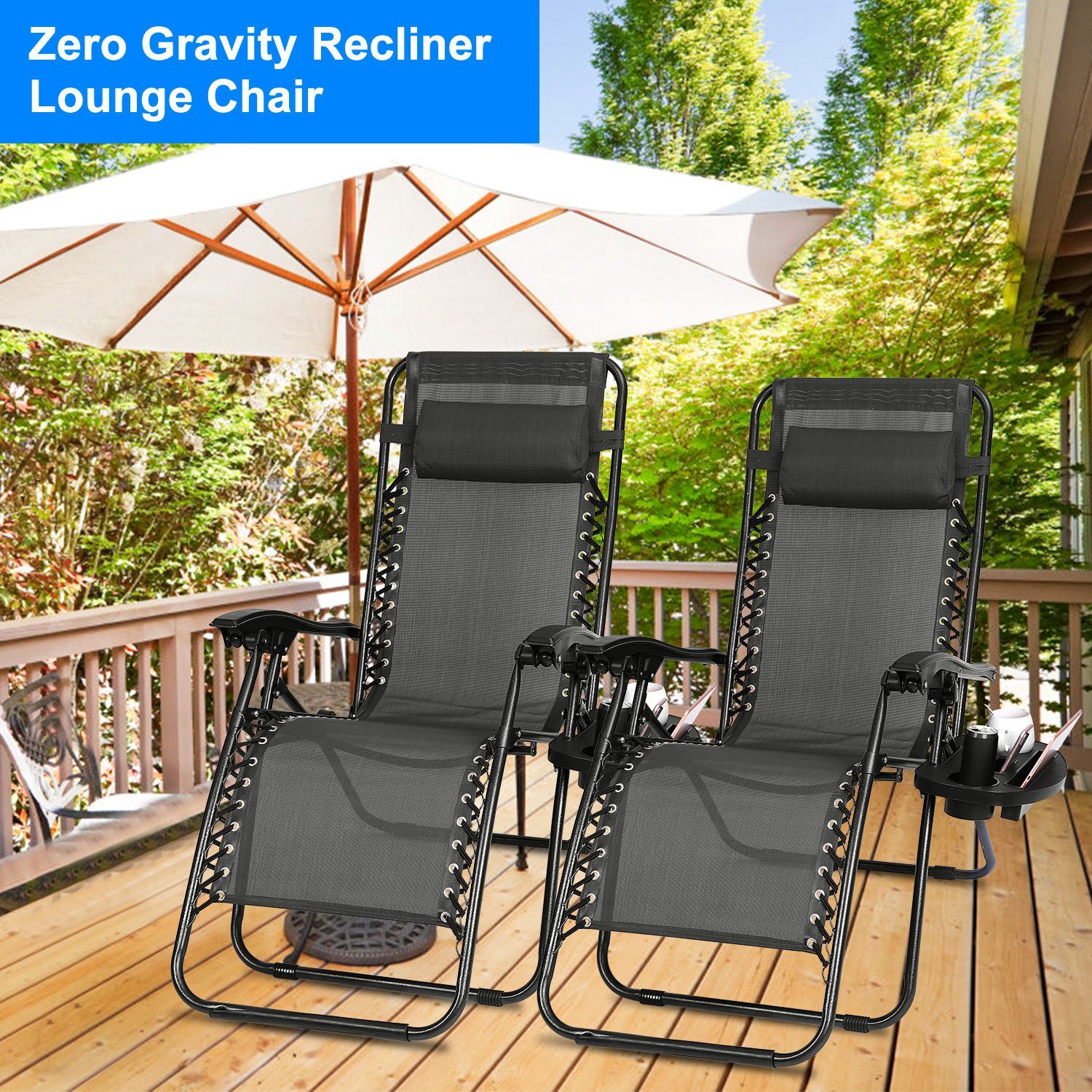 2 Sets Gravity Chairs Folding Patio Lounge Beach Outdoor Recliner with Side Tray