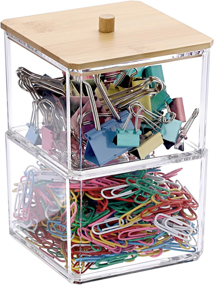 Clear Stackable Paper Clip Holder with Bamboo Lid 2-Layer Paperclip Box Thick Ac