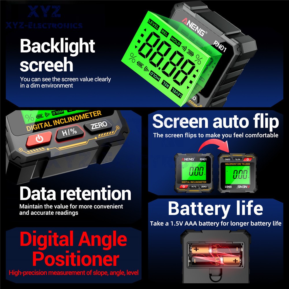ANENG Digital Angle Finder Magnetic Protractor Level Box Inclinometer Tool 360°