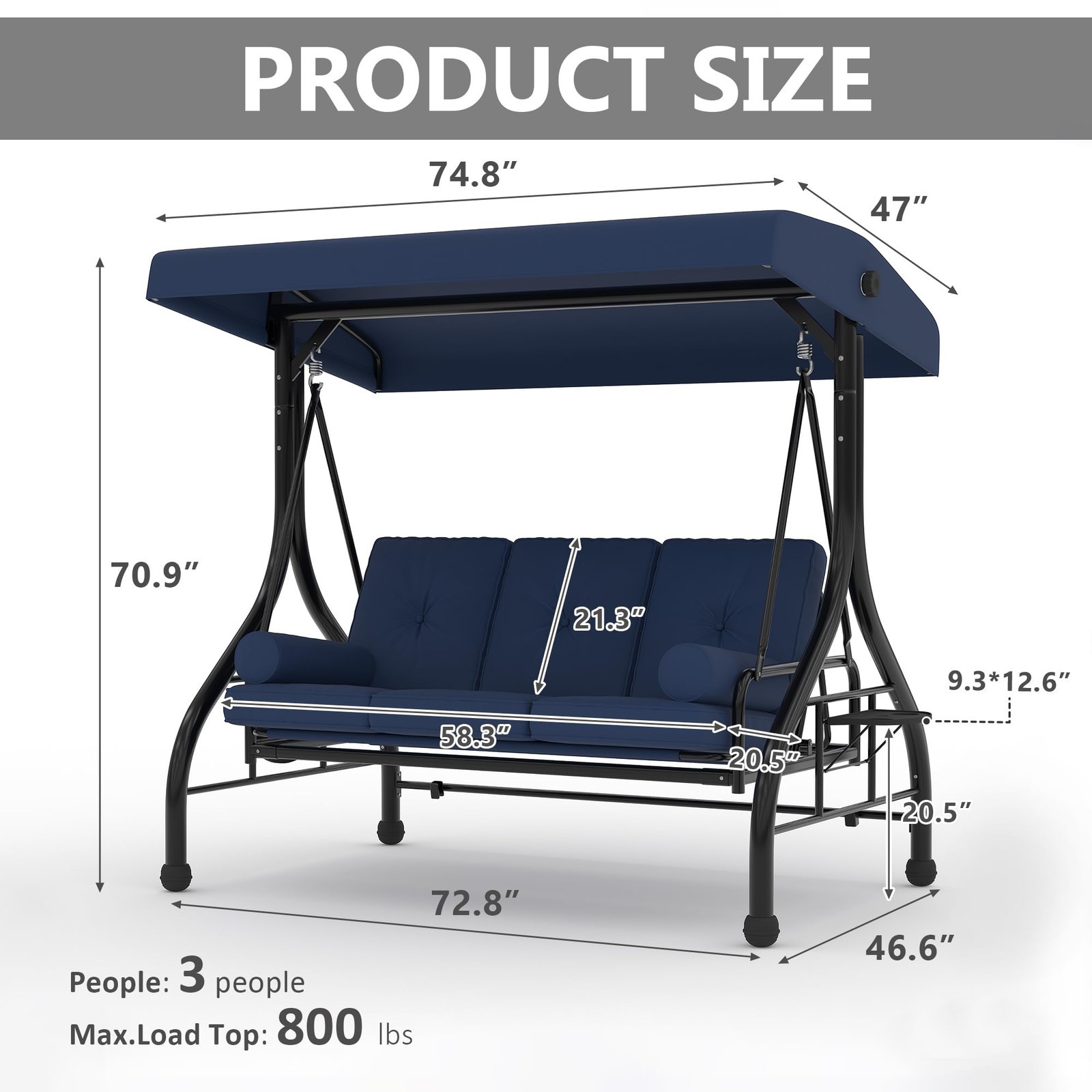 Outdoor Porch Swing with Adjustable Canopy 3-Seat Garden Patio Swing Chair