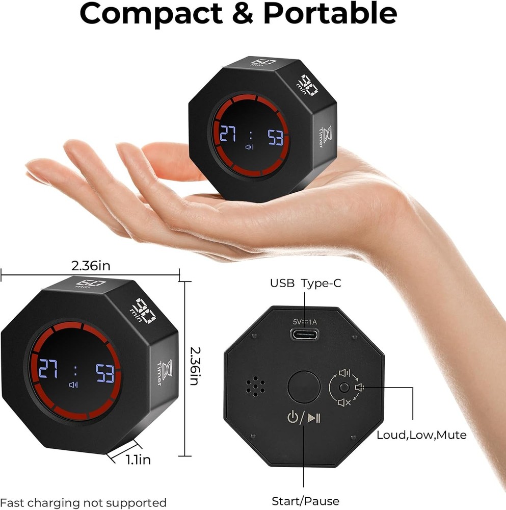 Small Rechargeable Pomodoro Timer, Gravity Sensor Auto-Rotating 7 Preset Times (