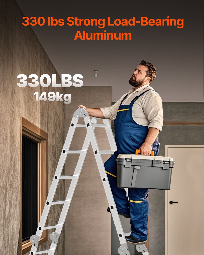Multi-Purpose Folding Ladder 7-in-1 4 Step 15.5ft Reach Height for Work