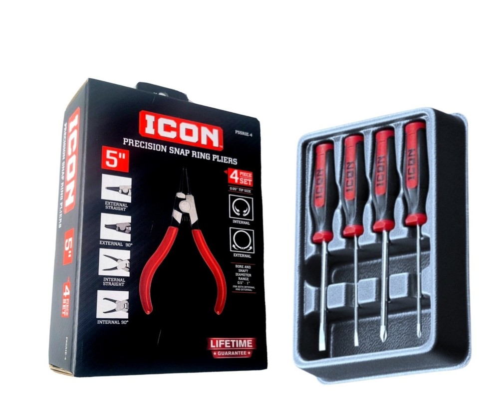 Two Icon 5" Precision Snap Ring Pliers 4pc/Screwdriver Precision Set .4pc