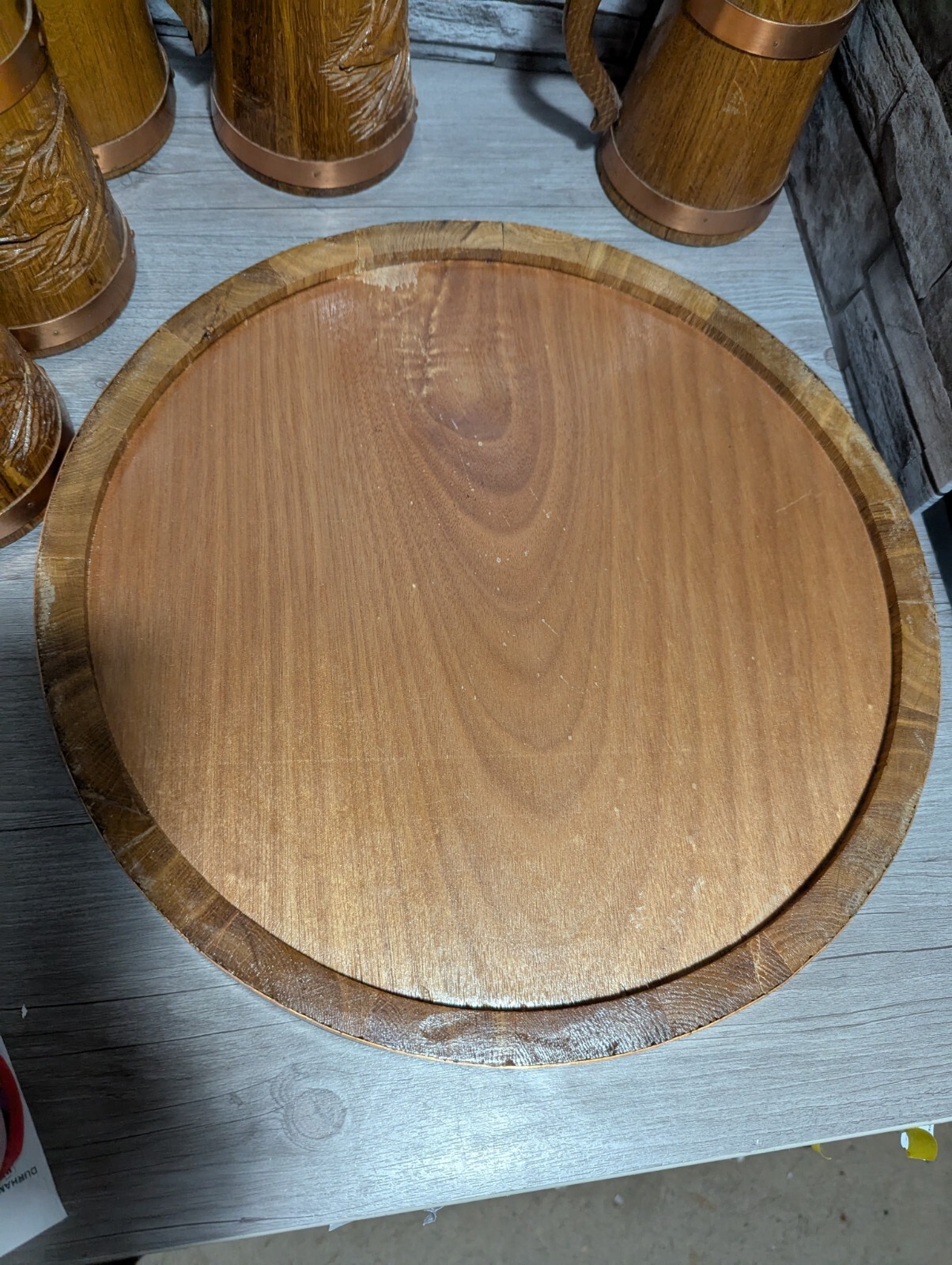 Vtg Set Of 5 Wood & Copper Beer Mug Stein Tankard Cups w/Tray Viking Bar Decor