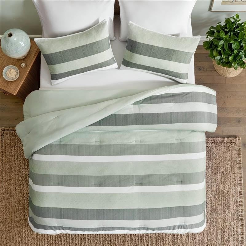 Comforter Set, 3 Pieces Striped Bed Set, Soft Brushed Microfiber King Sage