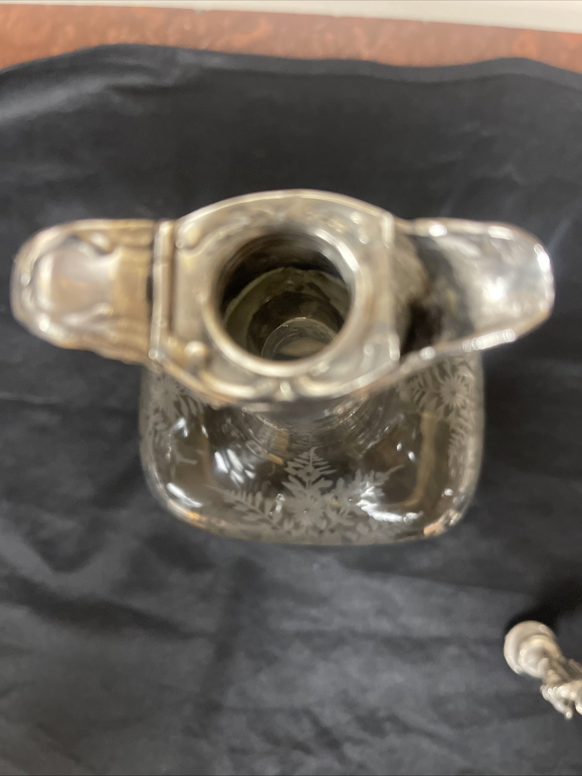 Pair Antique German Hanau Glass Decanters Bottles With sterling mounts / Tops