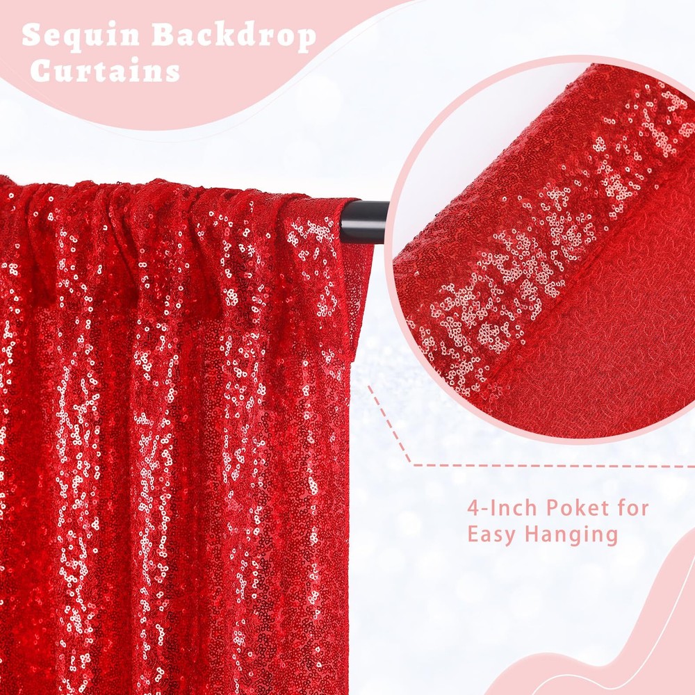 Red Sequin Backdrop Curtain 2 Panels 2ftx8ft Shiny Valentines Backdrop Drapes...