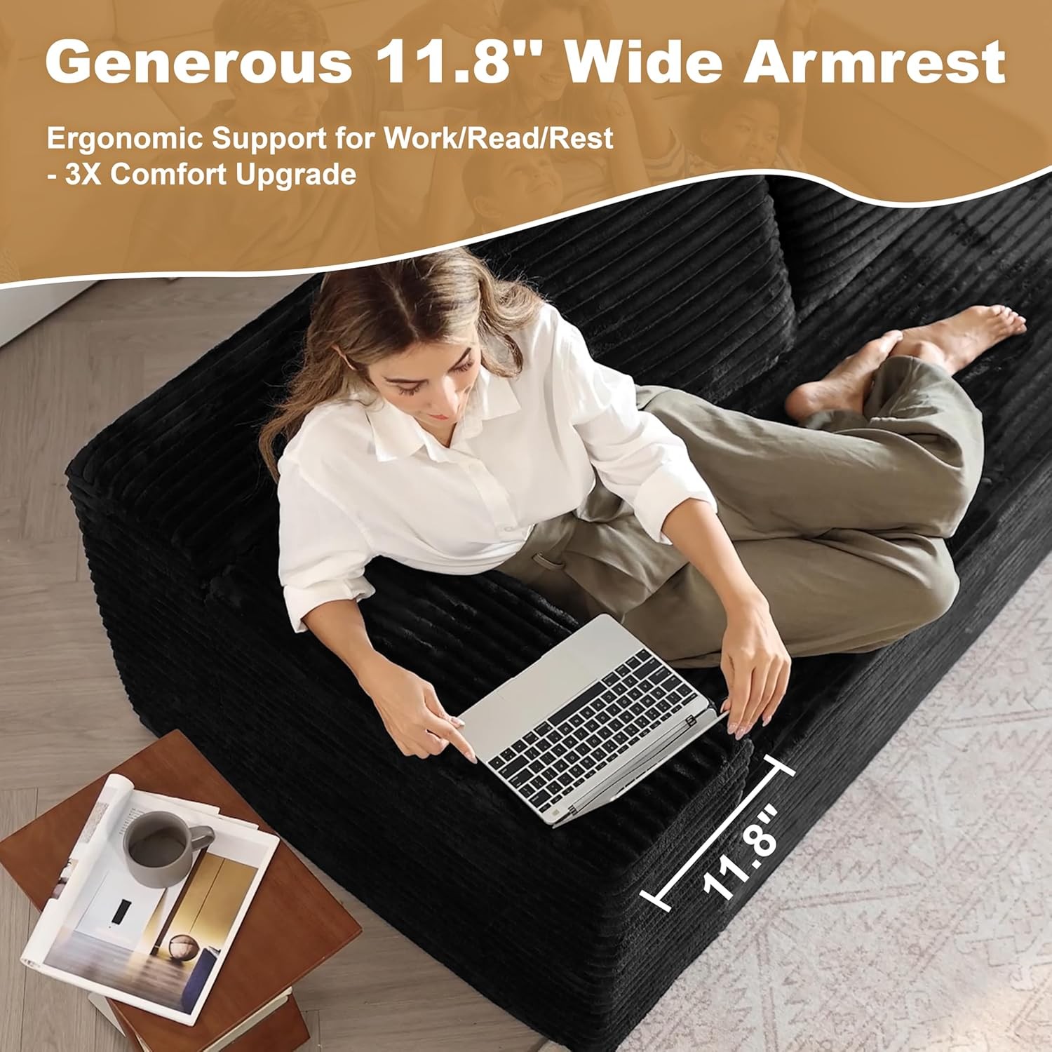 135"Boneless Couch Sectional Cloud Sofa Corduroy Left Facing Chaise with Ottoman