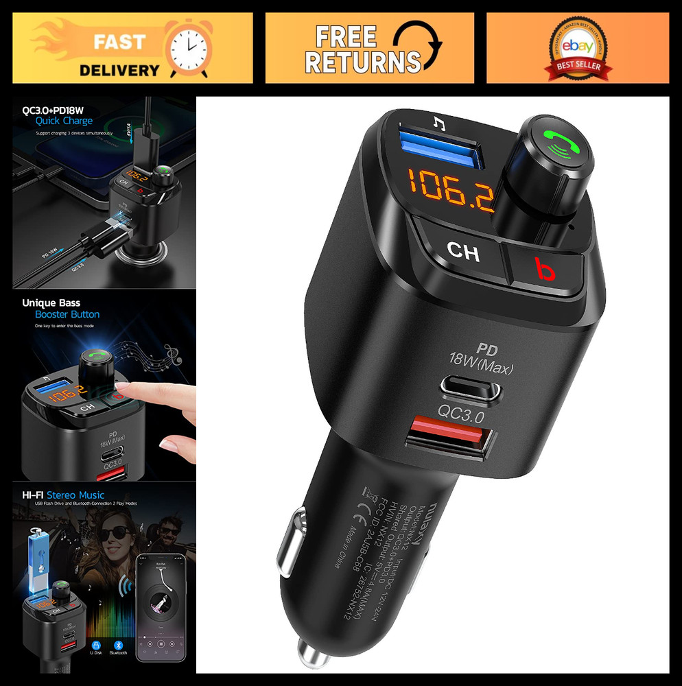 Nulaxy Bluetooth 5.0 FM Transmitter for Car, QC3.0 & USB-C PD 18W Wireless