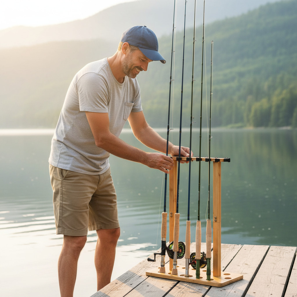 Fishing Rod Holders for Garage Wood Pole Rack Floor Stand Holds up to 14 Rods
