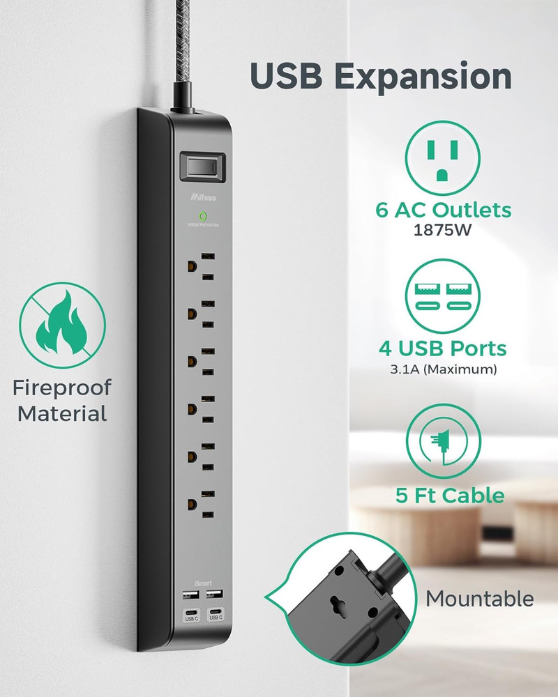 2 Pack Surge Protector Power Strip – 6 Outlets + 4 USB (USB-C), Flat Plug, 5FT C