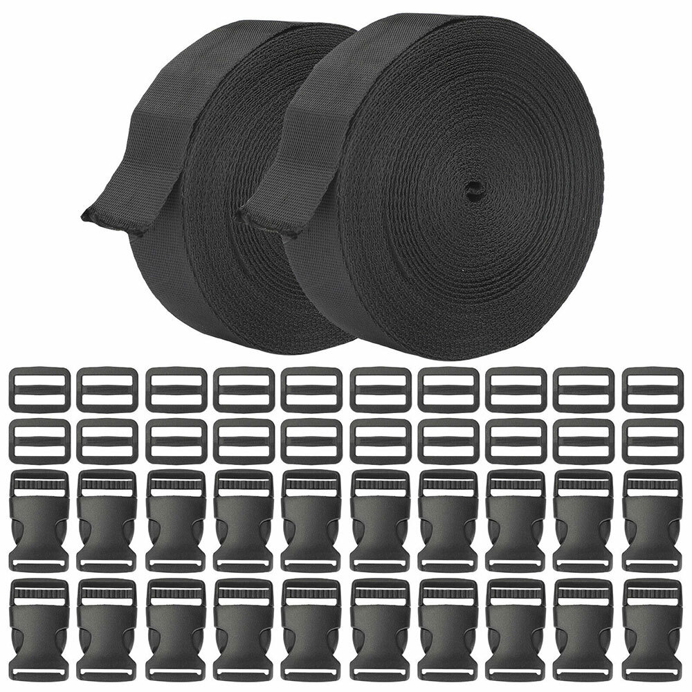 1Inch Black Nylon Webbing Strap Kit With 10PC Plastic Buckle + 10PC Side Release