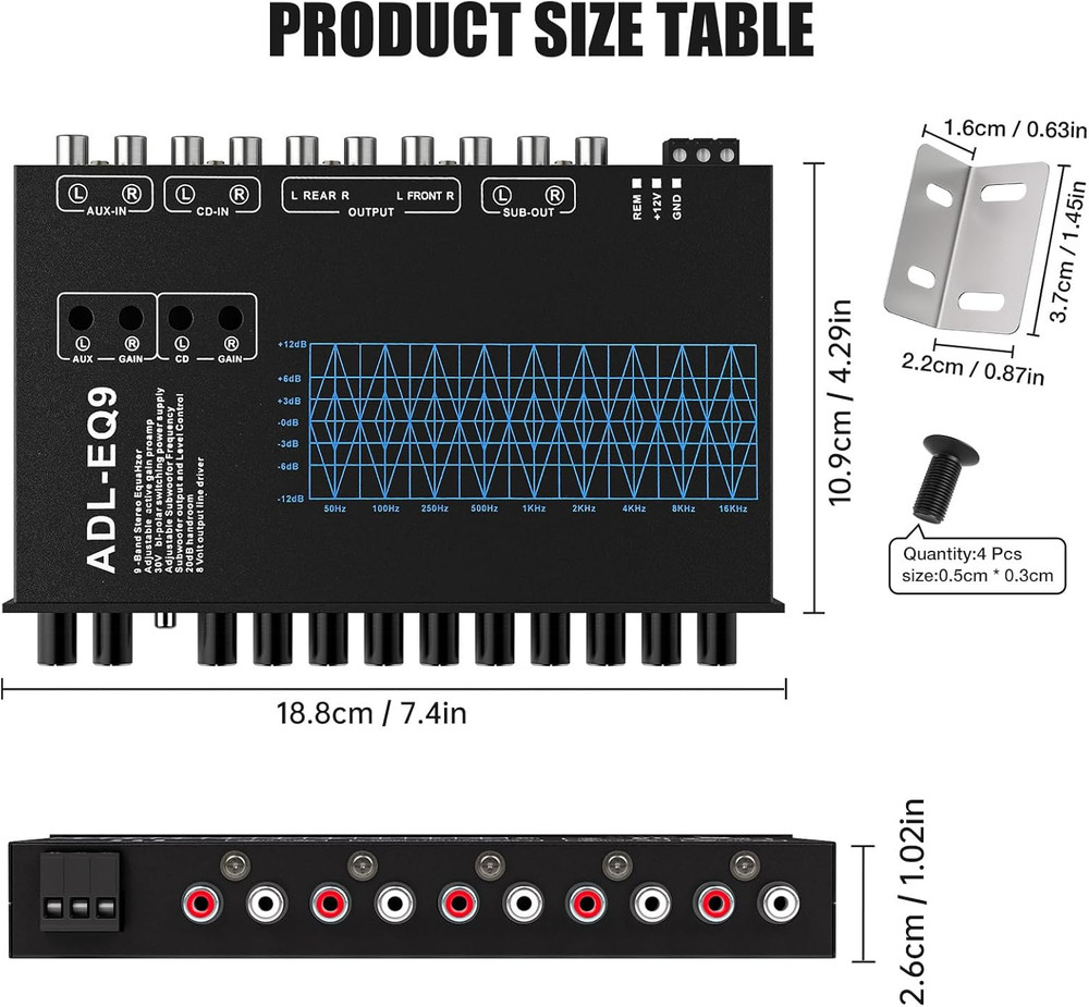 9 Band Car Audio Equalizer, Car Graphic Equalizer EQ W/Front, Rear +Sub Output,