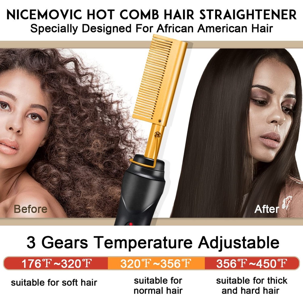 Ceramic Hot Comb Straightener Adjustable Temperature for All Hair Types