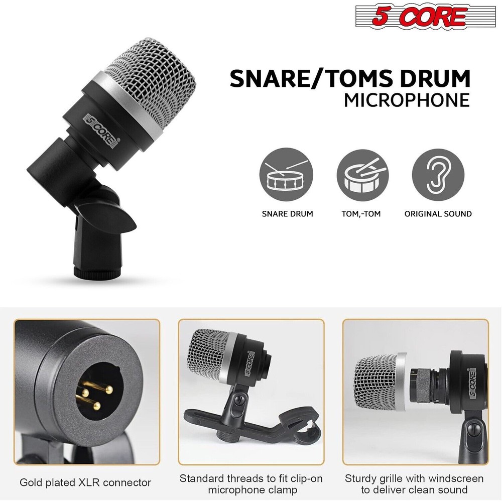 5Core Drum Mic Kit 7Pcs Kick Tom Snare Dynamic Microphone Instrument Mics Set