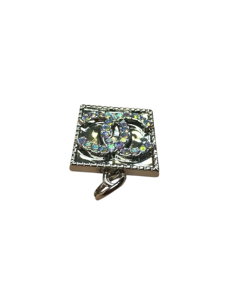 Chanel Silver Square Zipper Pull Charm with Iridescent Stone Logo