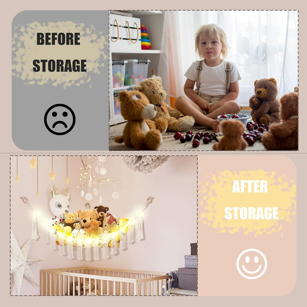 Stuffed Animal Hammock with LED Light, Large Stuffed Animals Storage Corner Plus