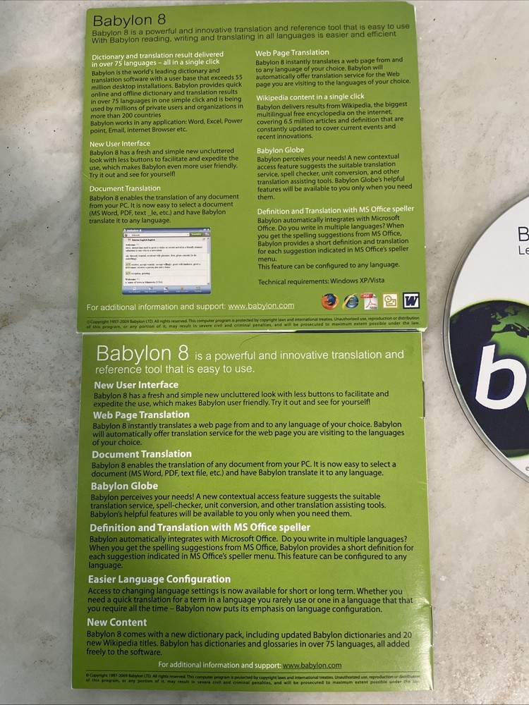 Babylon 8 Software translate Documents 75 Languages CD Windows XP
