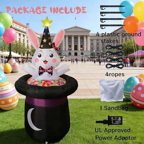 5 Ft Inflatable Easter Bunny in Magic Hat Yard Decoration, Cute Wizard Rabbit