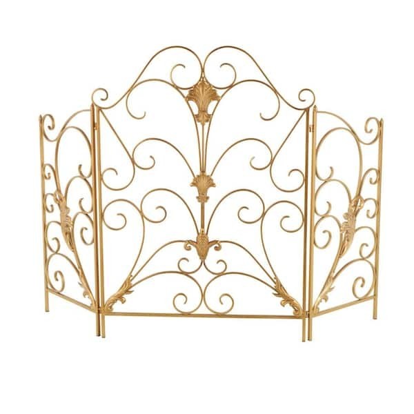 Gold Metal Scroll Foldable 3-Panel Fireplace Screen with Fleur De Lis Accents