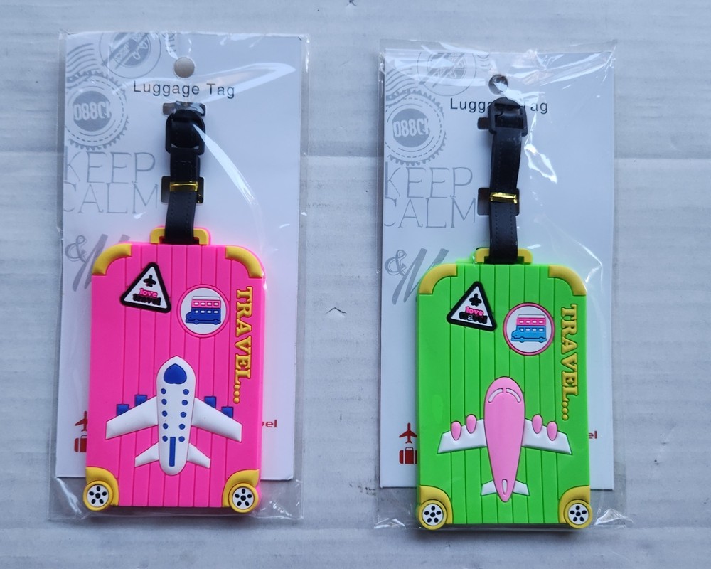 2 Pack Travel Luggage Tags - Includes ID Insert - Adjustable strap - Neon Pink