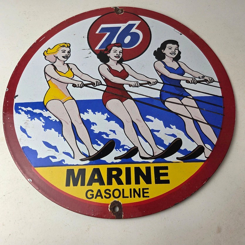 Vintage Union 76 Gasoline Sign - Porcelain Ski Show Gas Service Pump Sign