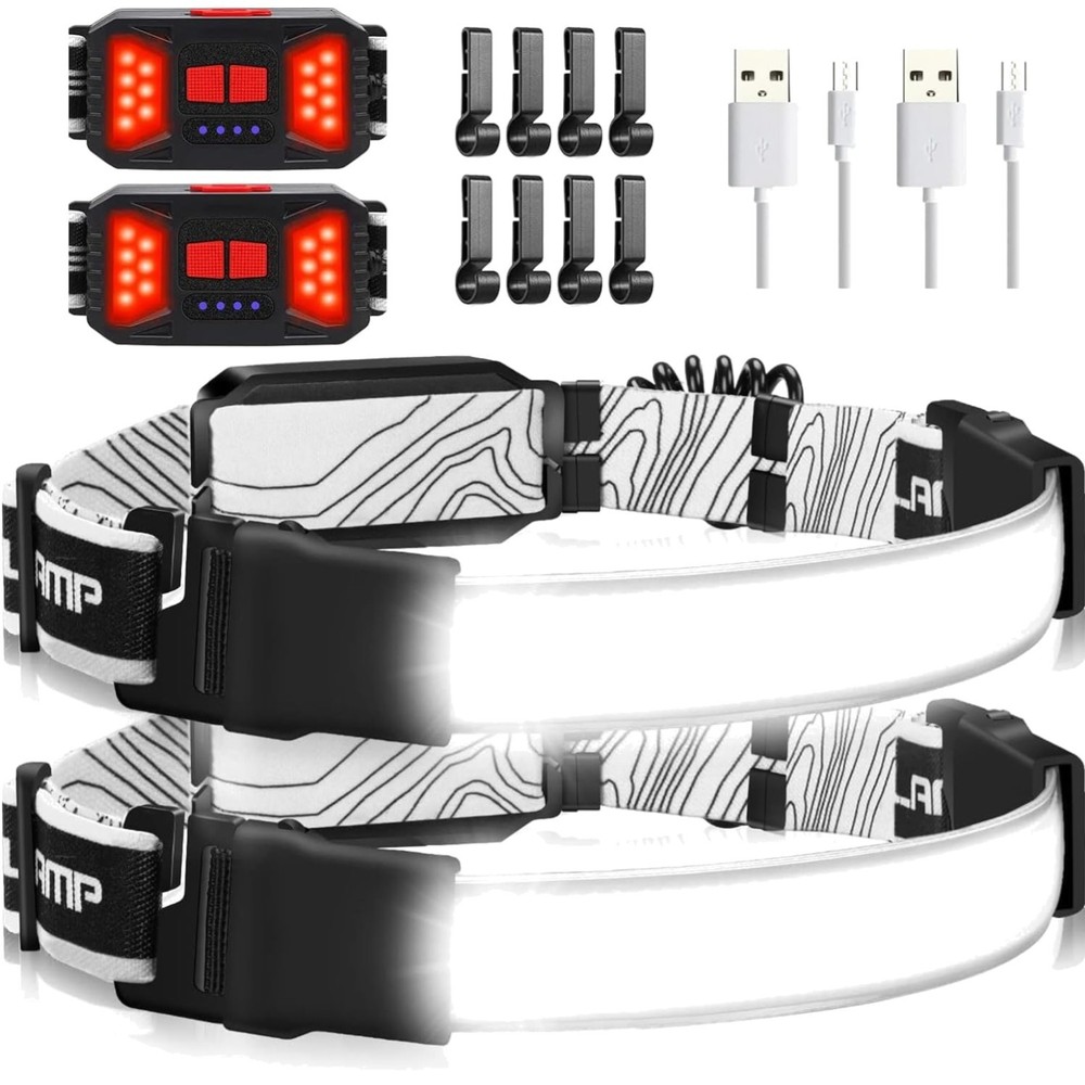 1000 Lumens Adjustable Waterproof Headlamp with Red Taillight – 3 Modes, 2-Pack