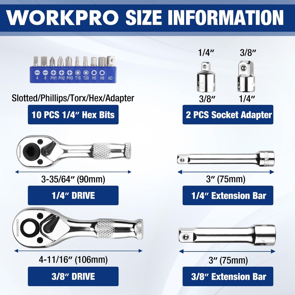 WORKPRO Stubby Ratchet & Bit 16 PCS & Driver Set, Silver