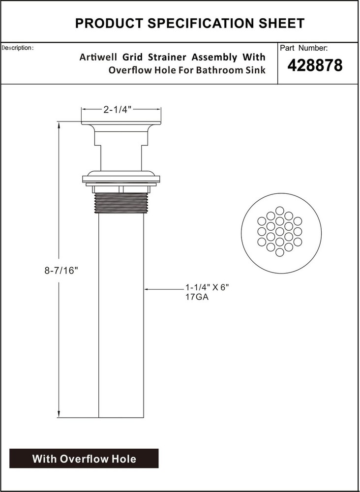 Grid Drain Strainer Assembly with Overflow for Bathroom Sink, P.O. Plug Grid ...
