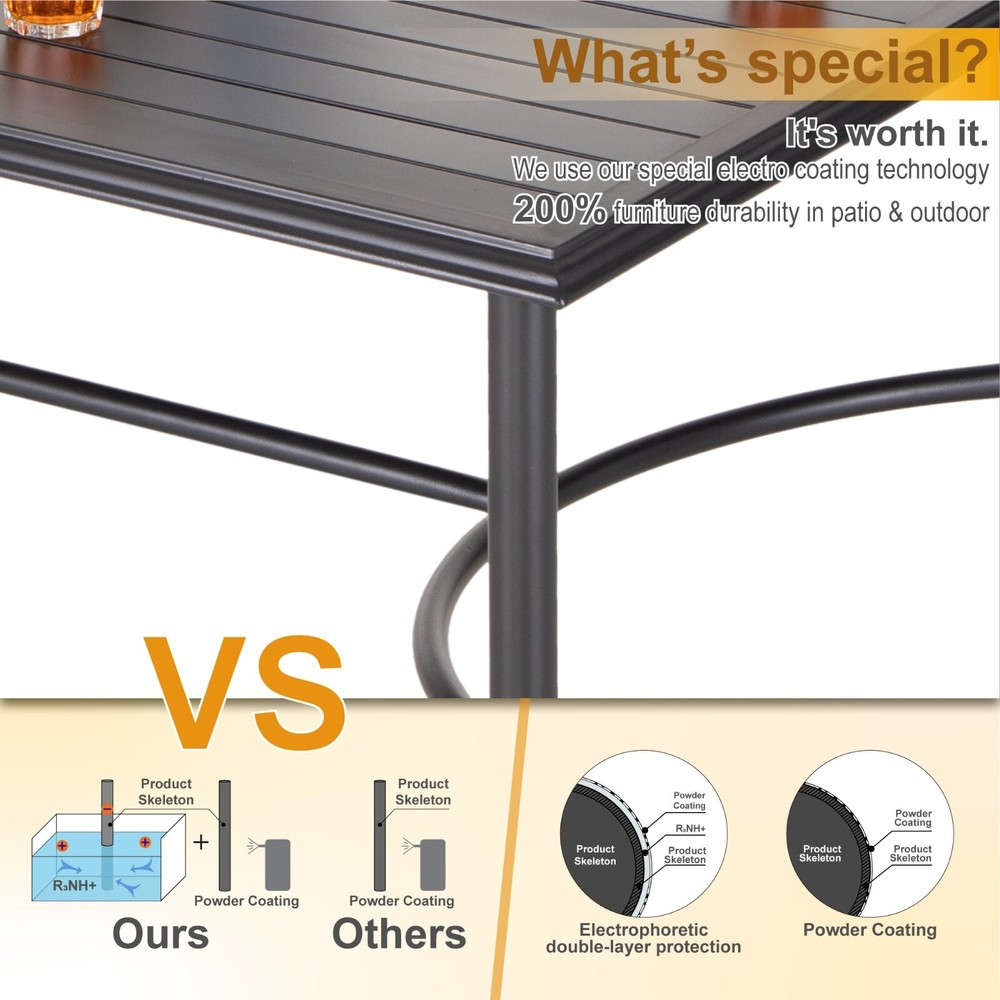 PHI VILLA Patio Dining Table Rectangular Outdoor Table with Umbrella Hole for 6