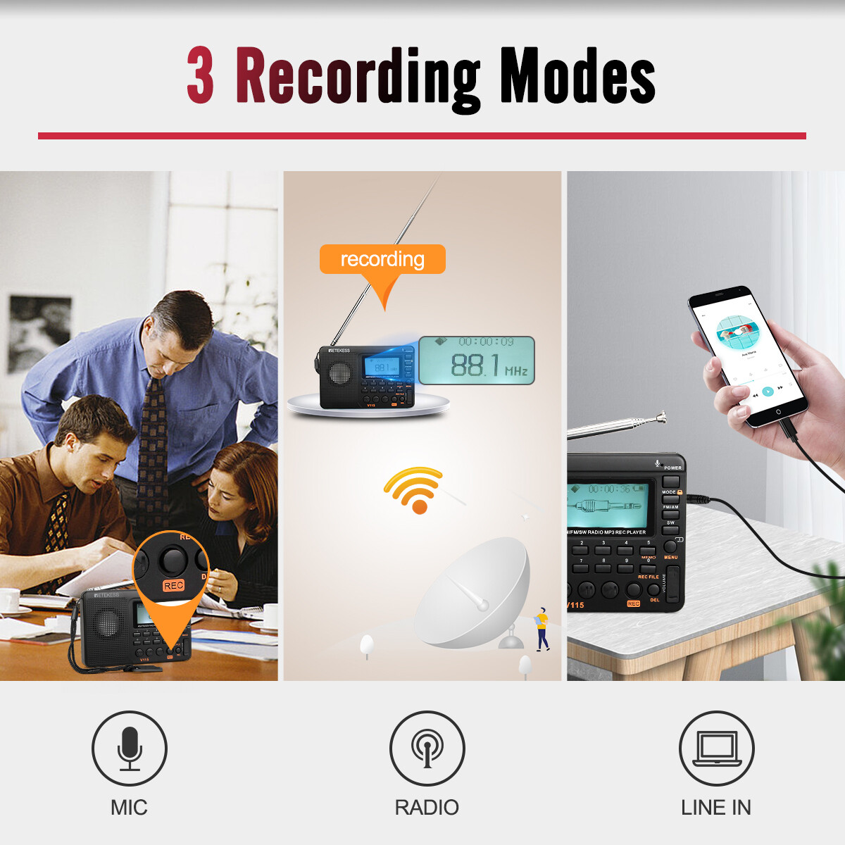 Retekess V115 Portable AM/FM/SW Radio Receiver MP3 Player Rechargeable Home Gift