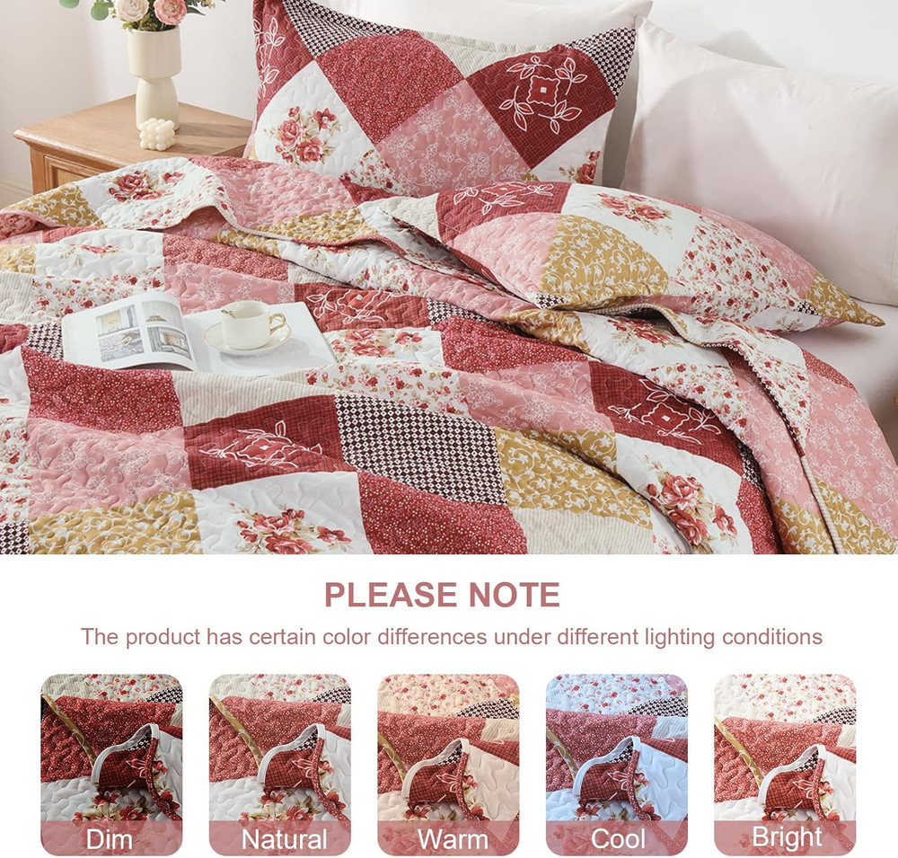 Romantic Pink Quilt Set Queen Size, Reversible Floral Plaid Patchwork Pattern Be