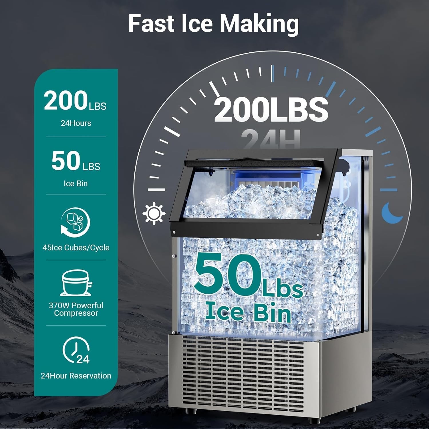 200lbs/24H Commercial Ice Maker Under Counter Freestanding Full ice Cube Machine