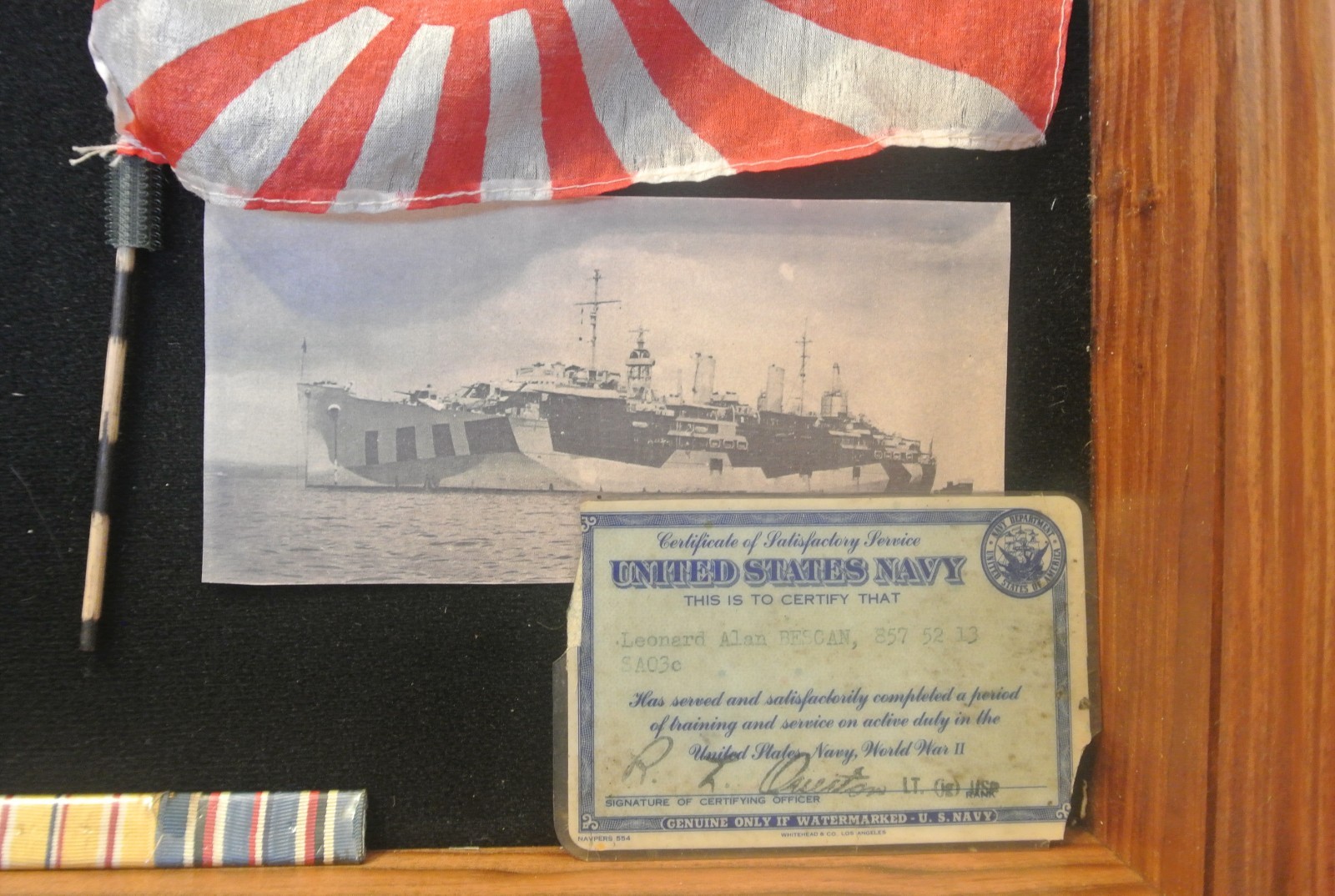 Vintage World War 2 Shadow Box US Navy Medals Ribbons Currency Flag USS Piedmont