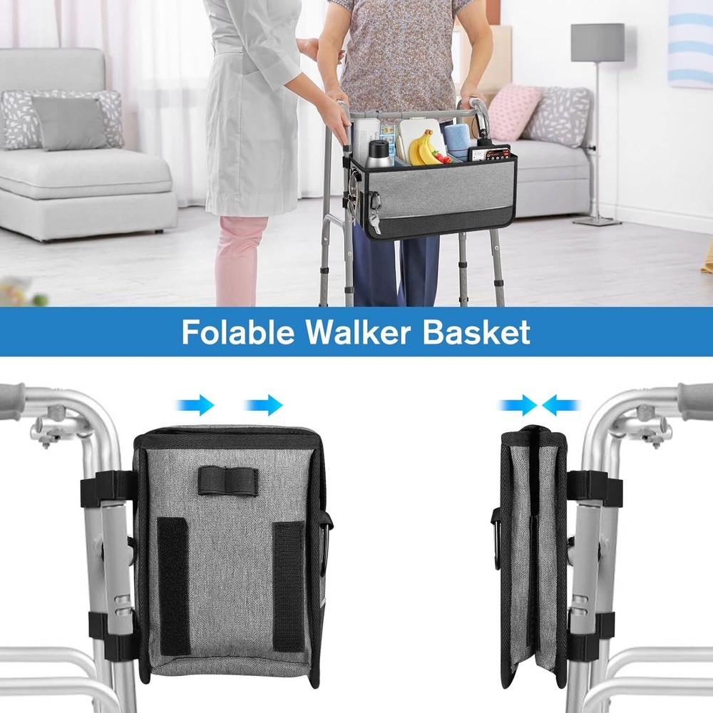 FINPAC Large Walker Basket for Folding Walkers Foldable Walker Storage Bag Strap