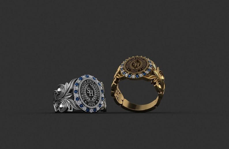 Custom Sam Houston University Ring Personalized Silver Blue & white Gem 2023