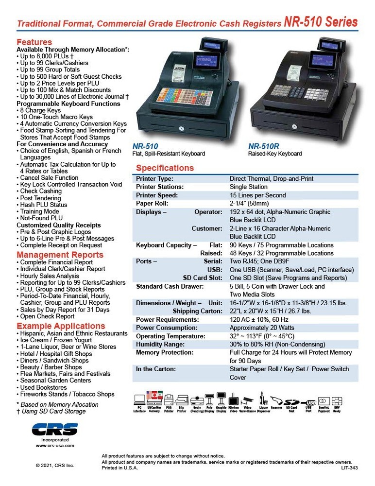 NEW Sam4s NR-510 Flat or Raised Keyboard - specify when ordering