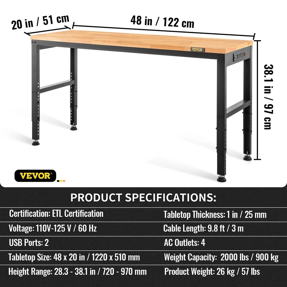 48"x28" Woodworking Workbench Adjustable Oak Top 900KG