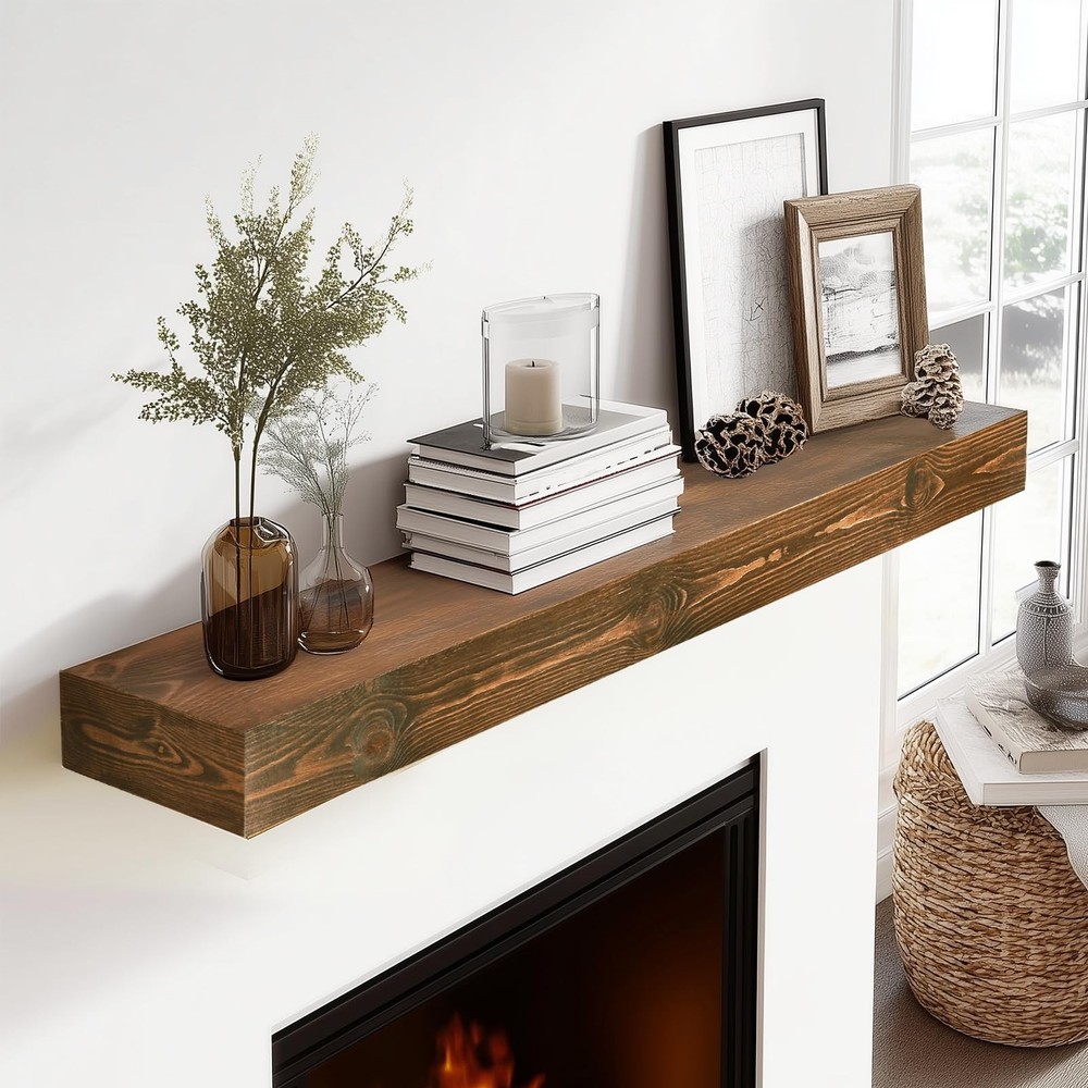 48x3x7in Solid Wood Floating Shelf – Brown Rustic Wall Mounted Fireplace M