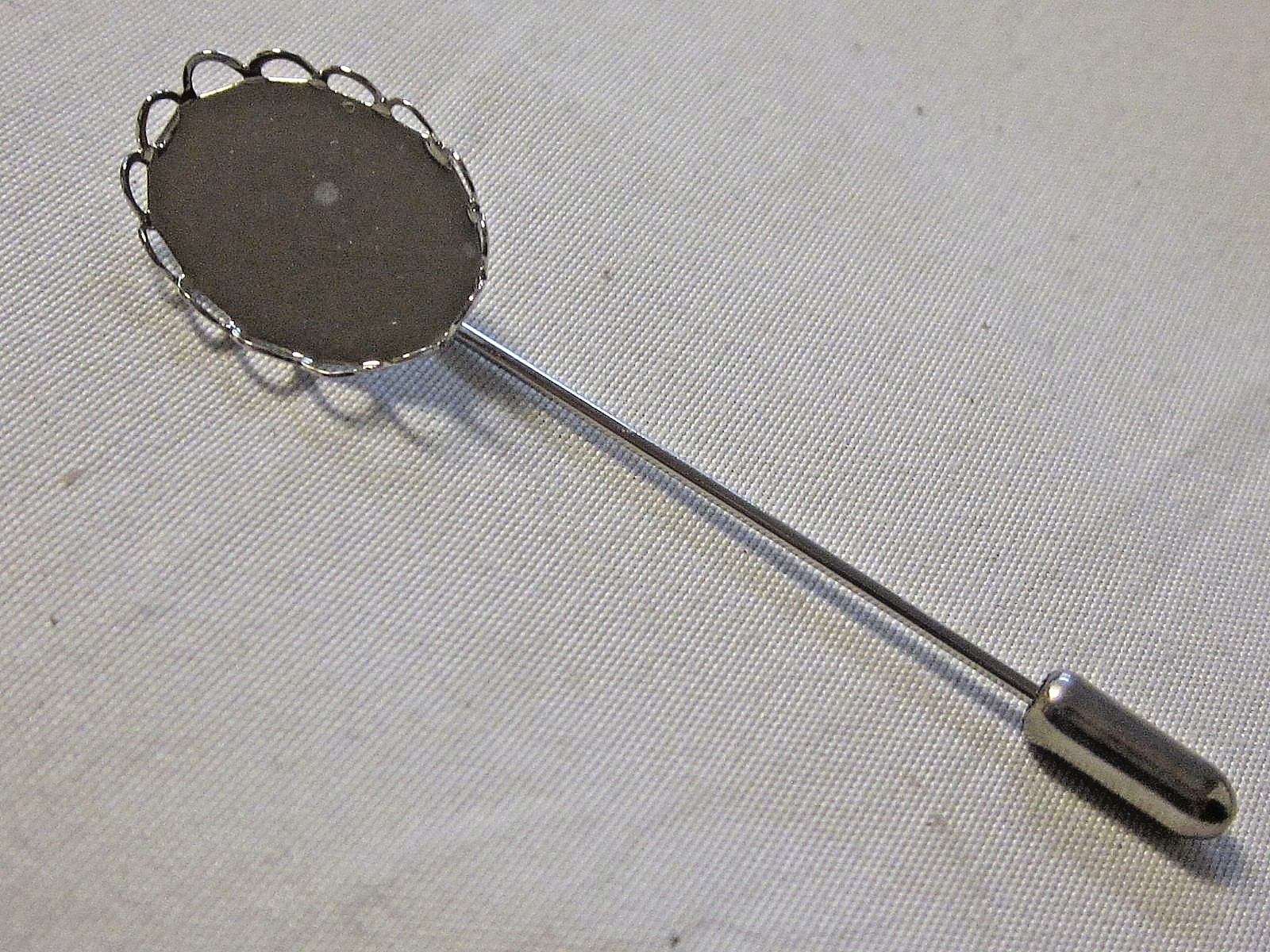 6 Bezel Stick Pins RHODIUM SILVER Plated 13X18mm Oval Cameo Settings w/ Clutches