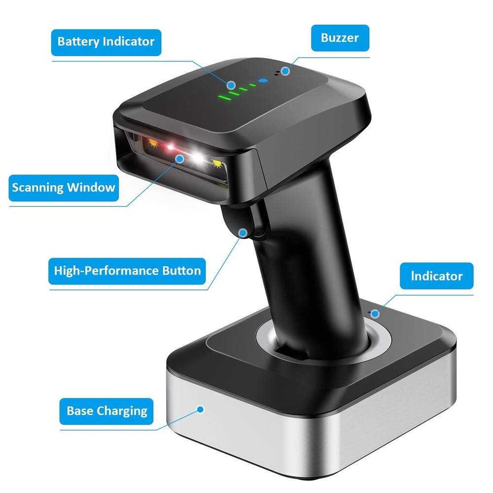 Alacrity 2D QR Wireless Barcode Scanner Charging Base Battery Level Indicator