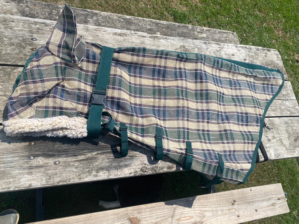 Lightly Used plaid poly coated mesh fly neck cover / hood