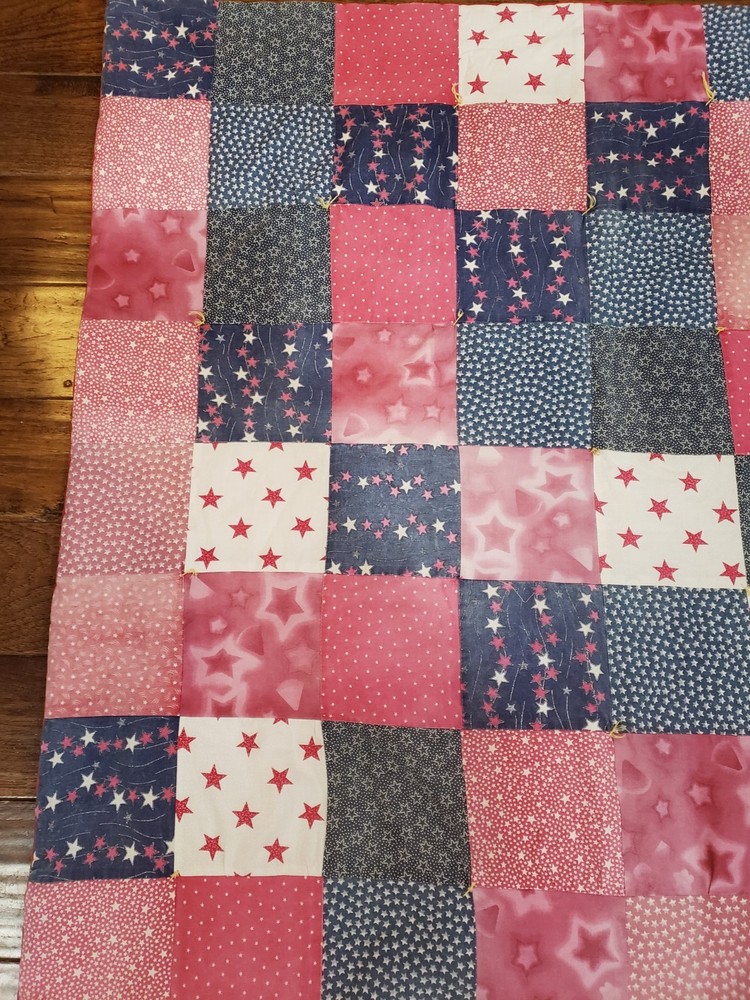 VTG Patchwork Quilt Table Topper Nine Patch Red White Blue Americana Handmade