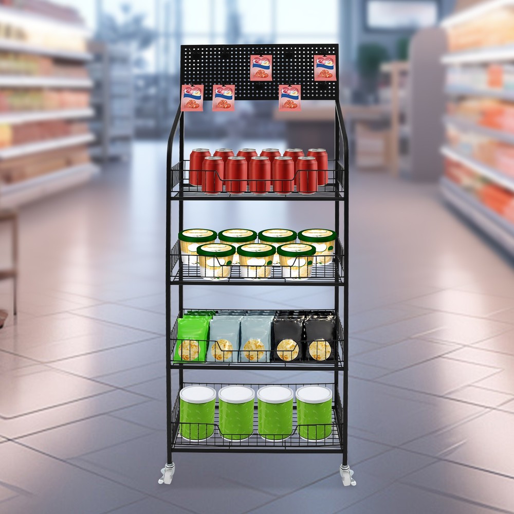 Rolling Retail Display Rack 4 Tier Black Store Merchandise Shelf Unit