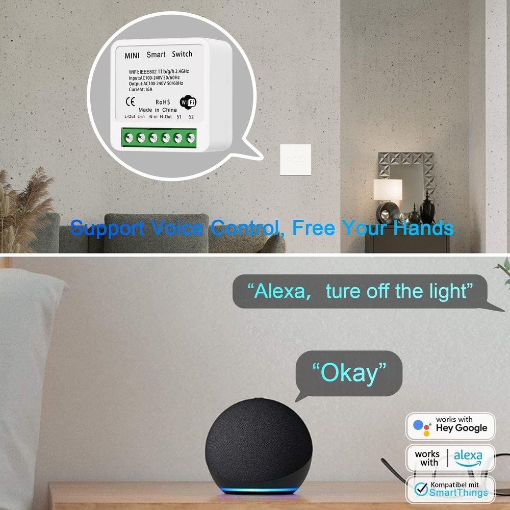 2 PACK - 16 AMP Smart MINI Switch Relay Google Amazon Alexa WIFI