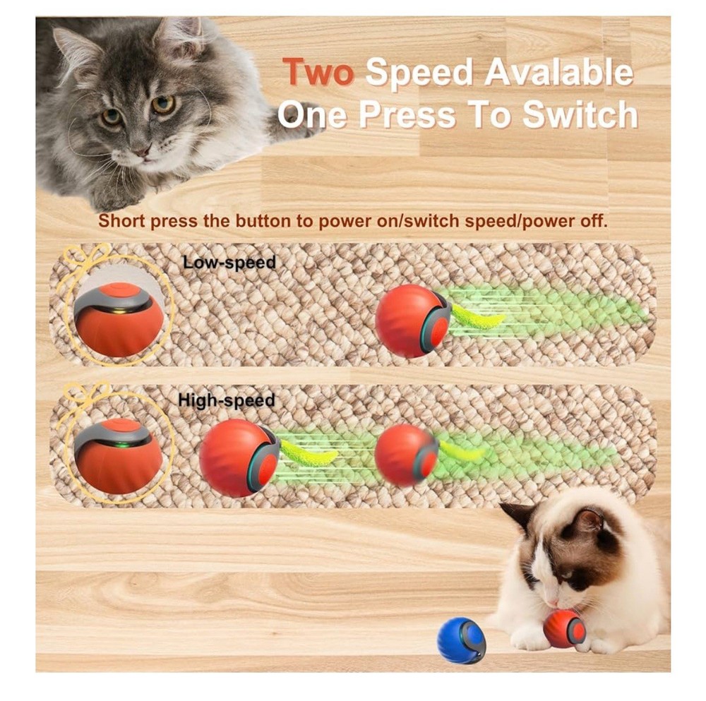Interactive Cat Ball Toy Automatic Rolling with 2 Speed Settings 90 Min Runtine