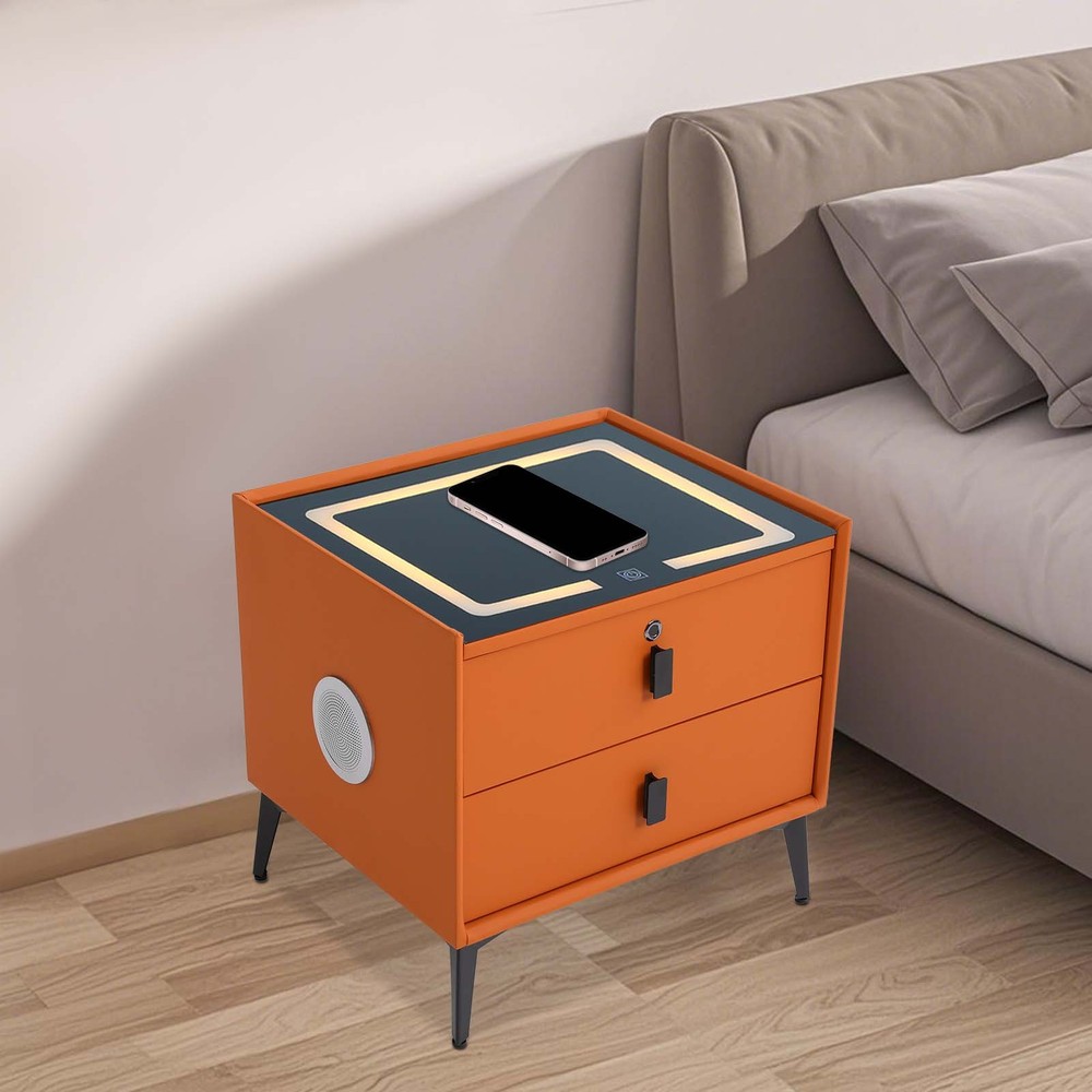 Bedside Table Bluetooth Speaker Smart Nightstand w/ Light USB&Wireless Charging