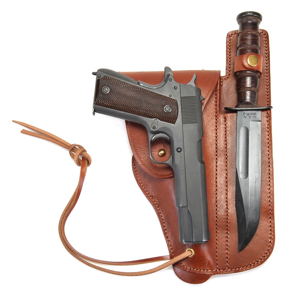 US WW2 M1916 Colt 1911 .45 Holster and Ka-Bar Sheath Premium Drum Dyed Leather