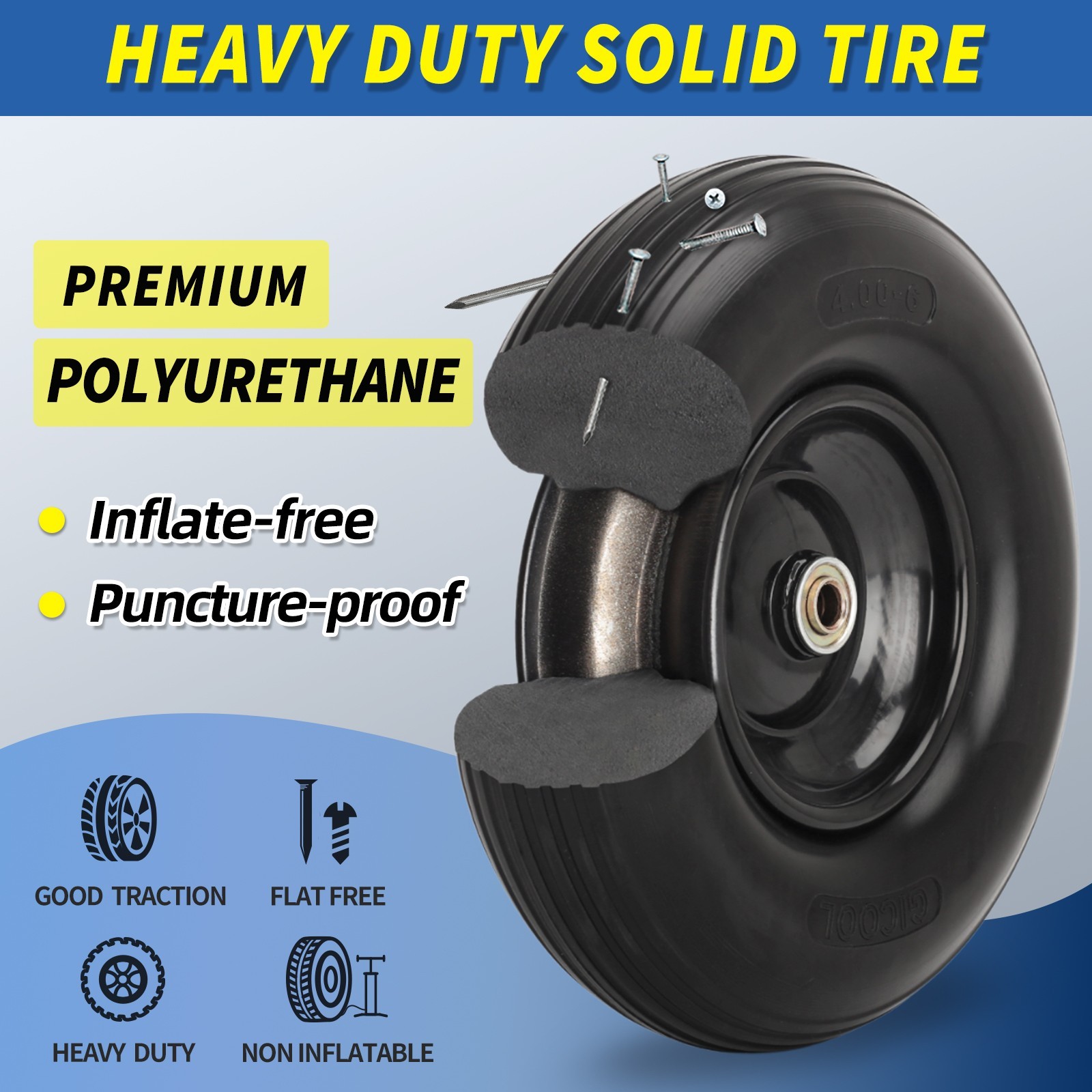 13 x 4.00-6 Flat free Solid Tire & Wheel for Wheelbarrow, Garden Wagon Cart