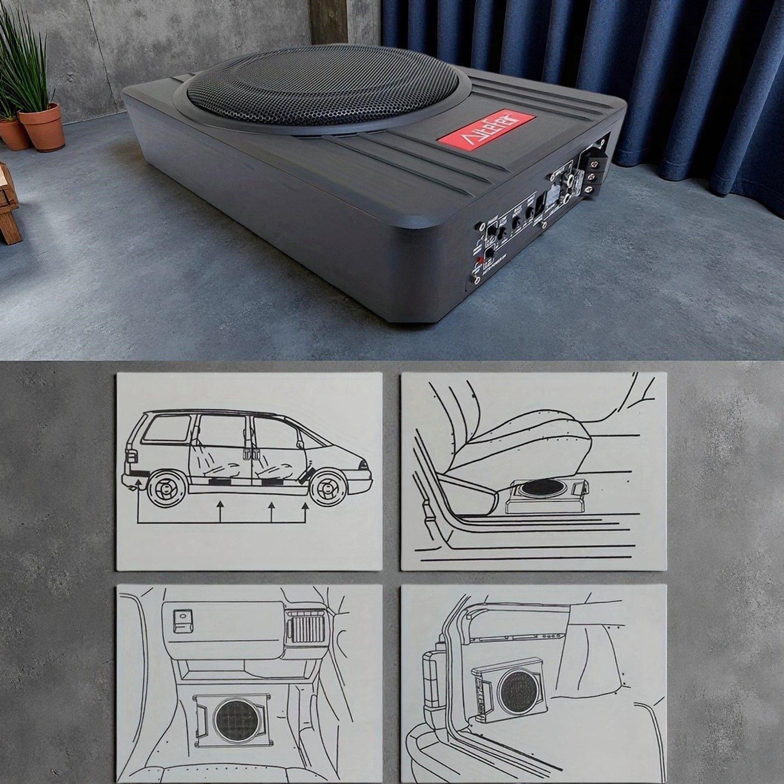 10" 1500W Car Subwoofer - Ultra-Slim Under-Seat, Built-in Amp, Enclosed